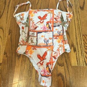 White One-Piece Swimsuit with Orange Tropical Bird Print